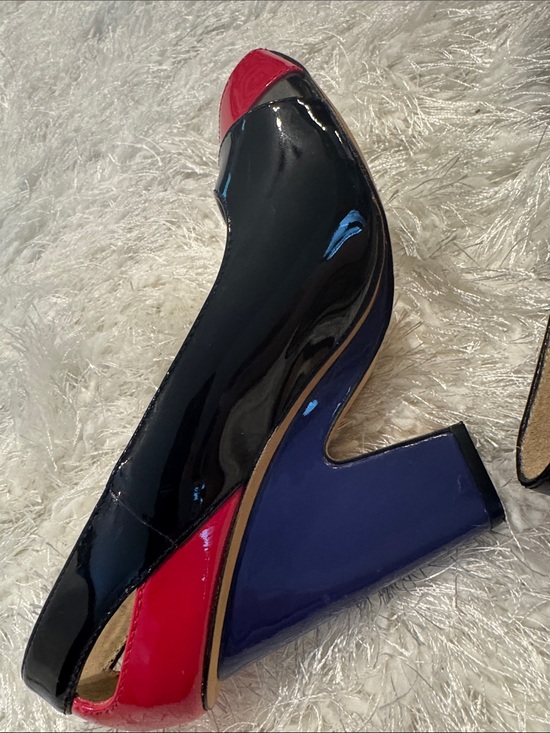 Shoes - Women’s Patent Peep-Toe Block Heel Pumps - Black, Deep Purple Heel, and Hot Pink